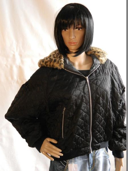 Jacke Schwarz, Kapuze mit Leopardenmuster, Gr. L