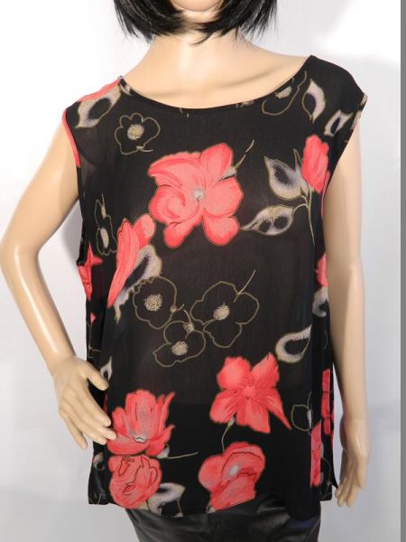 Bluse Schwarz mit roten Blumen Gr. 50