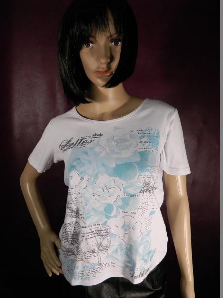 T-Shirt Weiß mit Türkis/Grauem Aufdruck Gr. S