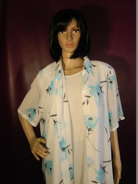 Sommermann Bluse Weiss mit blauen Blumen Gr. 50