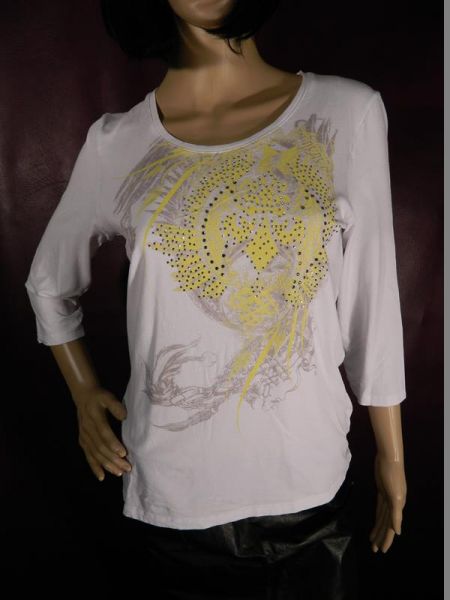 Shirt Weiss, gelber Aufdruck mit Glitzersteinchen Gr. 38