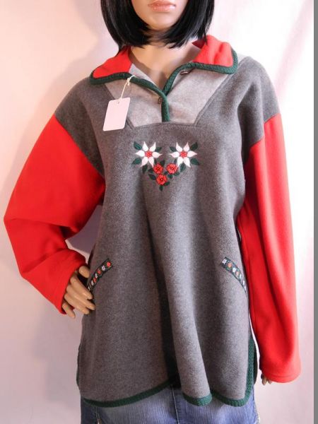 Pullover Grau/Rot bestickt mit Blumenmotiv, Gr. 44/46