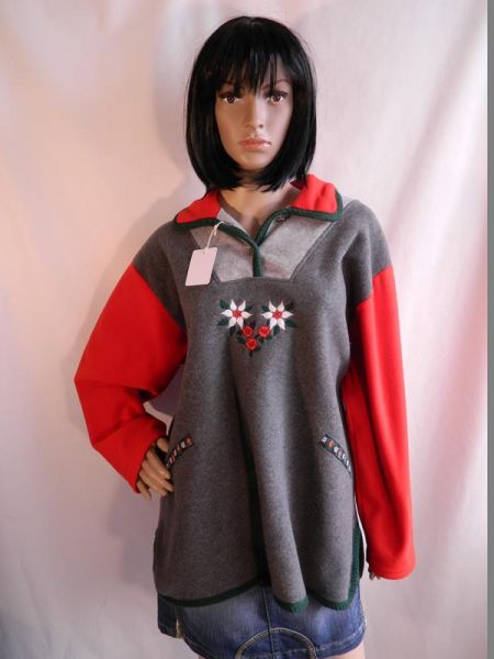 Pullover Grau/Rot bestickt mit Blumenmotiv, Gr. 44/46