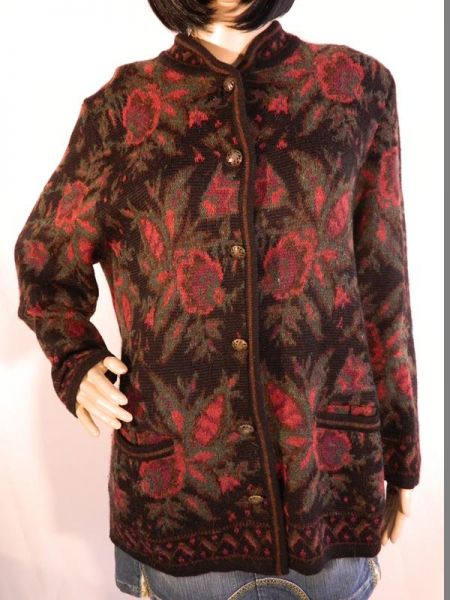 Moschen Strickjacke Schwarz/Grün/Rot, Blumenmuster, Gr. 48