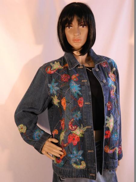 Nostalgia Jeansjacke Bunt, Blumenmuster und mit Perlen, Gr. S