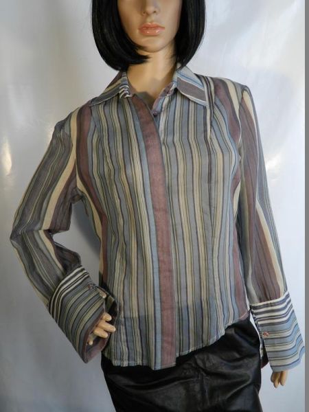 Klaus Dilkrath Bluse Blau/Khaki/Braun Gestreift Gr. 42