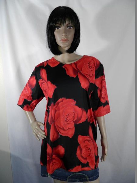 Shirt Schwarz/Rot mit Rosenmotiv, glitzernd, Gr. XXL