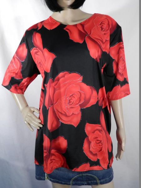 Shirt Schwarz/Rot mit Rosenmotiv, glitzernd, Gr. XXL