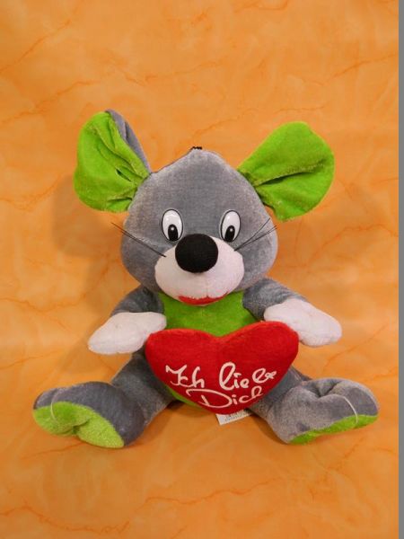 Stofftier Maus "Ich liebe Dich" grau-grün