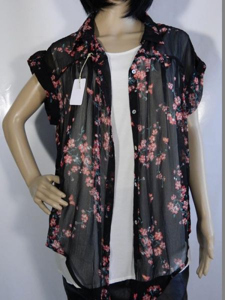 Yessica Bluse Schwarz Blumenmuster Durchsichtig Gr. 48