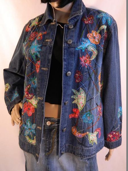 Nostalgia Jeansjacke Bunt, Blumenmuster und mit Perlen, Gr. S