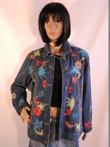 Nostalgia Jeansjacke Bunt, Blumenmuster und mit Perlen, Gr. S