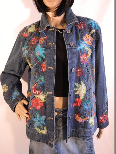 Nostalgia Jeansjacke Bunt, Blumenmuster und mit Perlen, Gr. S