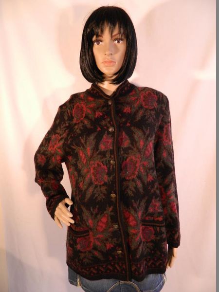 Moschen Strickjacke Schwarz/Grün/Rot, Blumenmuster, Gr. 48