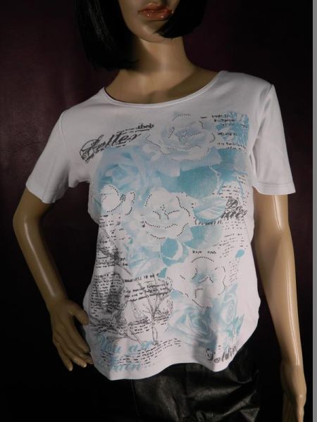 T-Shirt Weiß mit Türkis/Grauem Aufdruck Gr. S